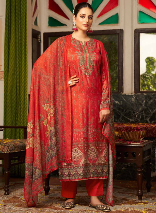Party Wear Red Unstitched Pashmina Winter Suit Material Print with Work
