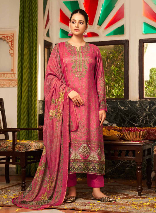 Rupali Pink Unstitched Pashmina Winter Suit Material Printed with Work