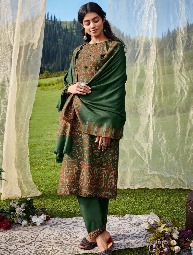 Belliza Woolen Pashmina Unstitched Green Winter Suit for Women Belliza