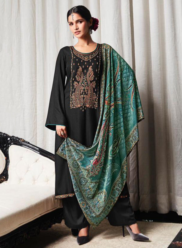 Women's Pashmina Black Unstitched Winter Suit with Velvet Dupatta Mumtaz Arts