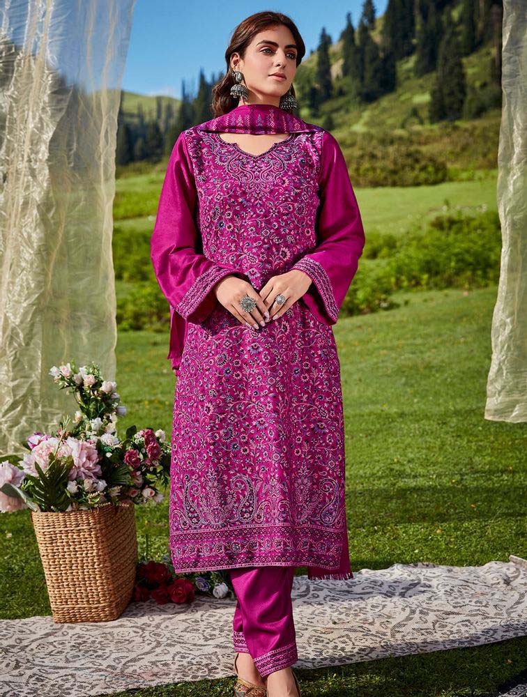 Belliza Woolen Pashmina Unstitched Pink Winter Suit for Women Belliza