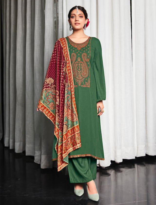 Women's Pashmina Green Unstitched Winter Suit with Velvet Dupatta Mumtaz Arts