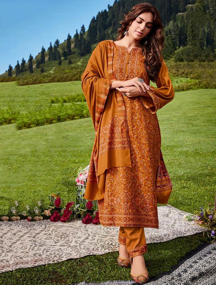 Belliza Woolen Pashmina Unstitched Yellow Winter Suit for Women