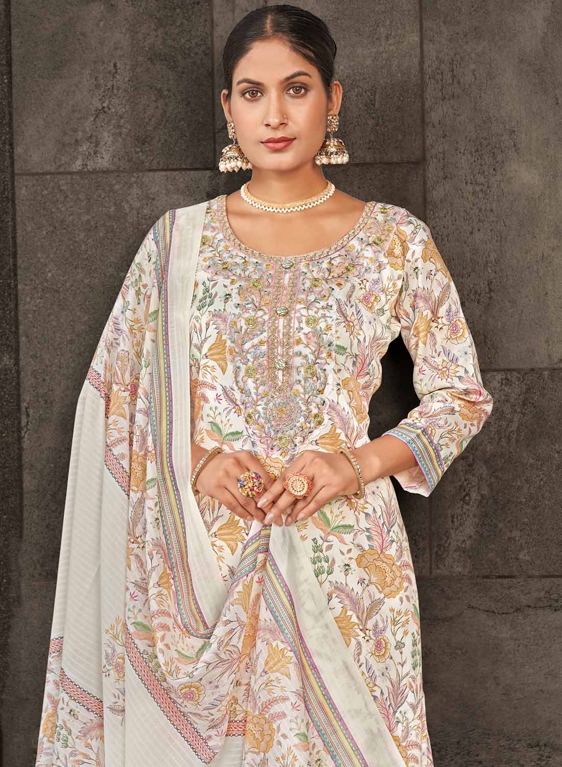 Embroidered Unstitched Cotton Satin Suit Dress Material for Women