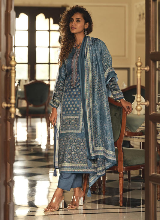 Sadhana Cotton Silk Embroidered Women Unstitched Suit Material Blue Sadhana