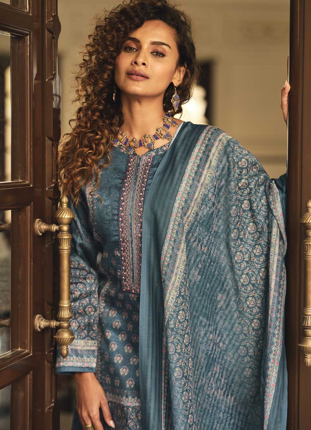 Sadhana Cotton Silk Embroidered Women Unstitched Suit Material Blue Sadhana