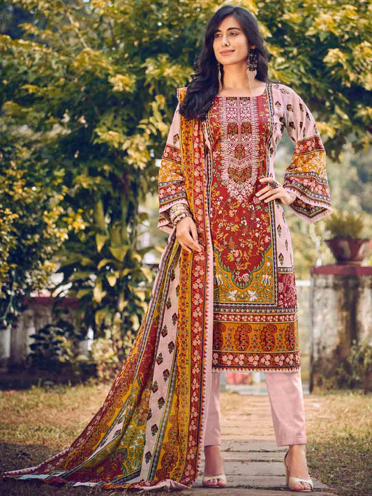 Pakistani Print Unstitched Embroidered Cotton Suit Material for Women