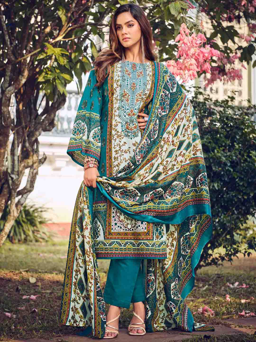 Pakistani Print Teal Unstitched Cotton Suit Material for Women Belliza