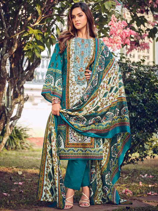Pakistani Print Teal Unstitched Cotton Suit Material for Women