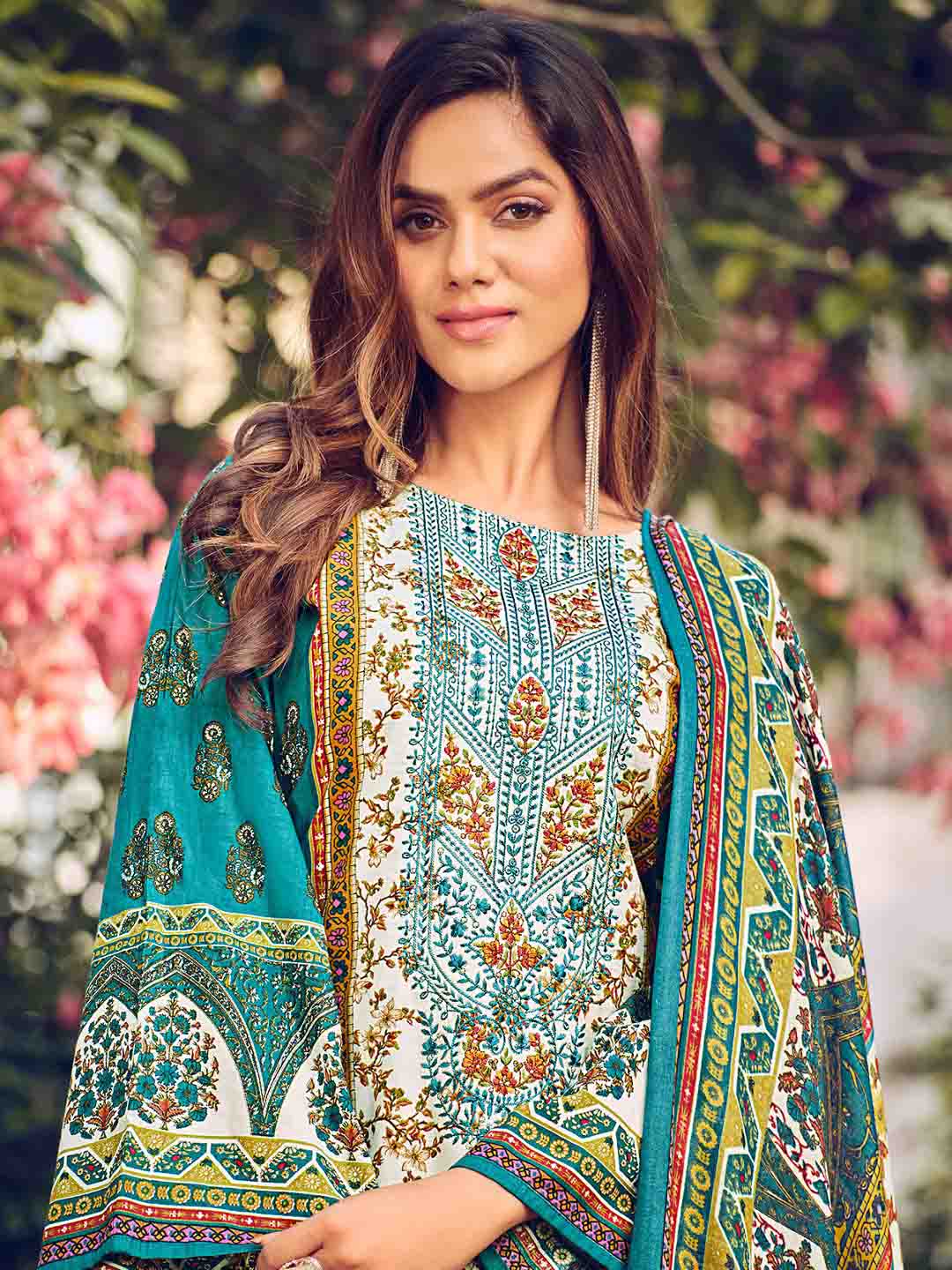 Pakistani Print Teal Unstitched Cotton Suit Material for Women Belliza