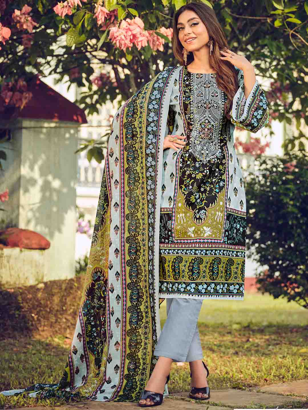Pakistani Print Grey Unstitched Cotton Suit Material for Women Belliza