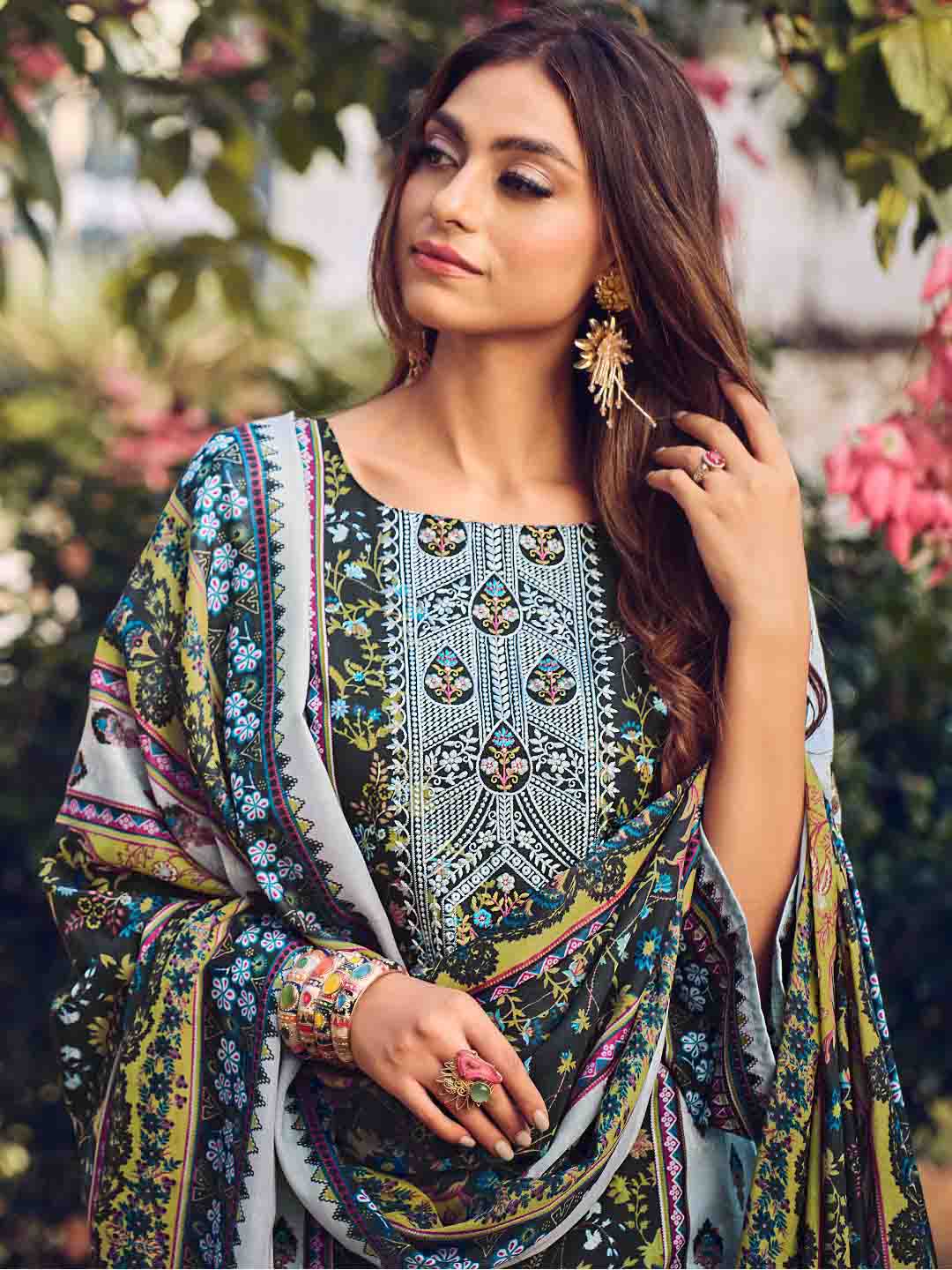 Pakistani Print Grey Unstitched Cotton Suit Material for Women Belliza