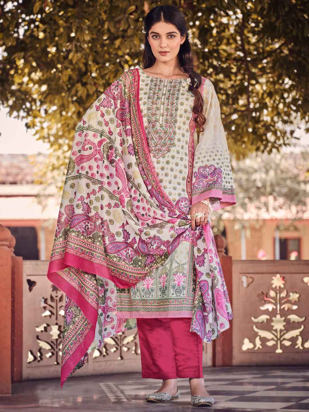 Belliza Pakistani Print Pink Unstitched Cotton Suit Dress Material Belliza