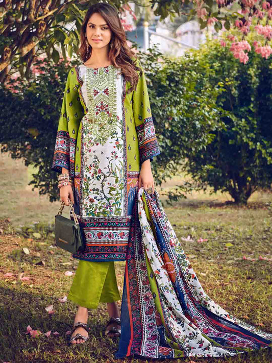 Pakistani Print Green Unstitched Embroidered Women Cotton Suit Material Belliza