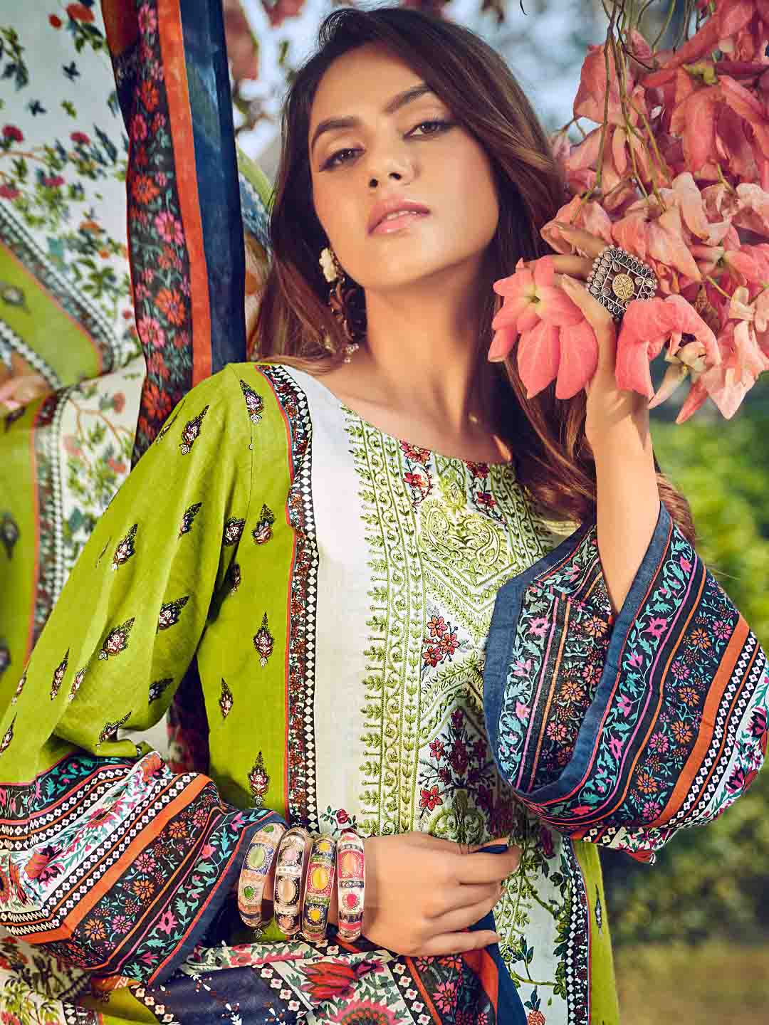 Pakistani Print Green Unstitched Embroidered Women Cotton Suit Material Belliza