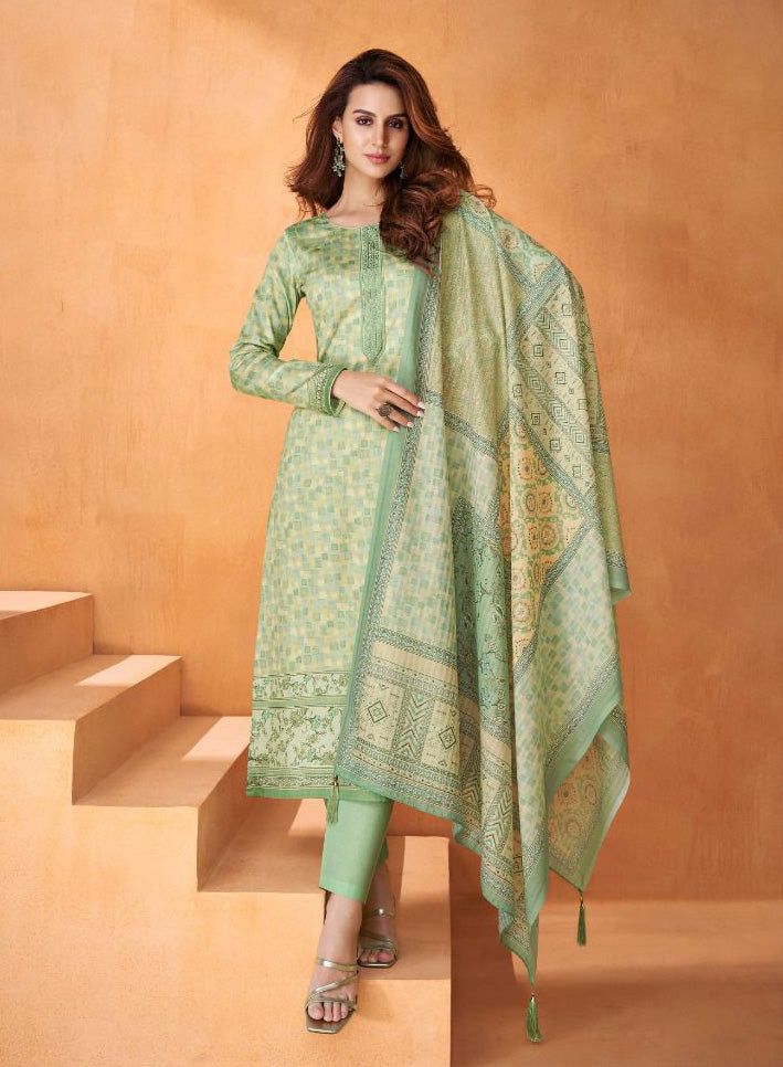 Pure Cotton Satin Green Unstitched Women Salwar Suit Set Karachi Prints