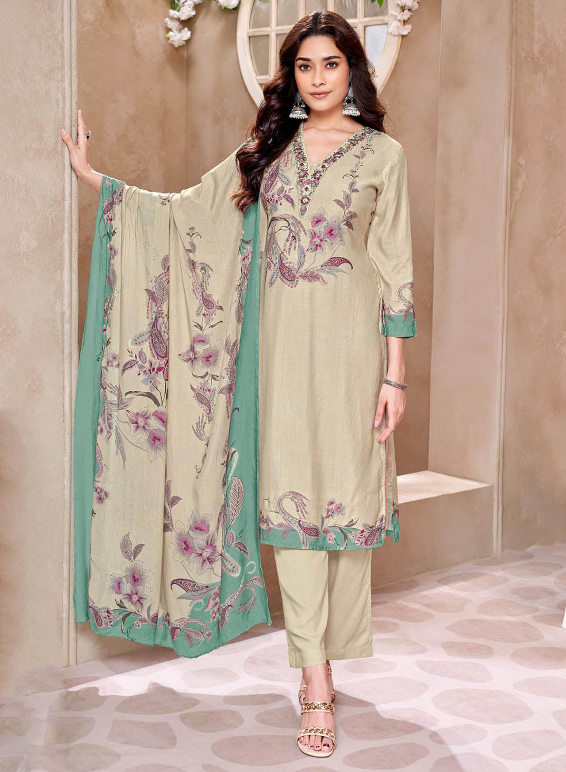 Party Wear Pure Viscose Muslin Unstitched Suit Set with Embroidery