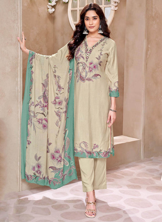 Party Wear Pure Viscose Muslin Unstitched Suit Set with Embroidery