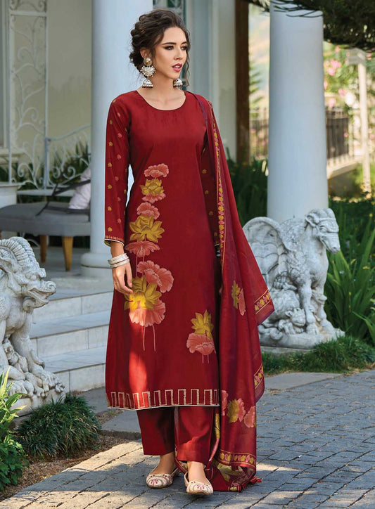 Kilory Pure Muslin Red Unstitched Suit Dress Material for Women
