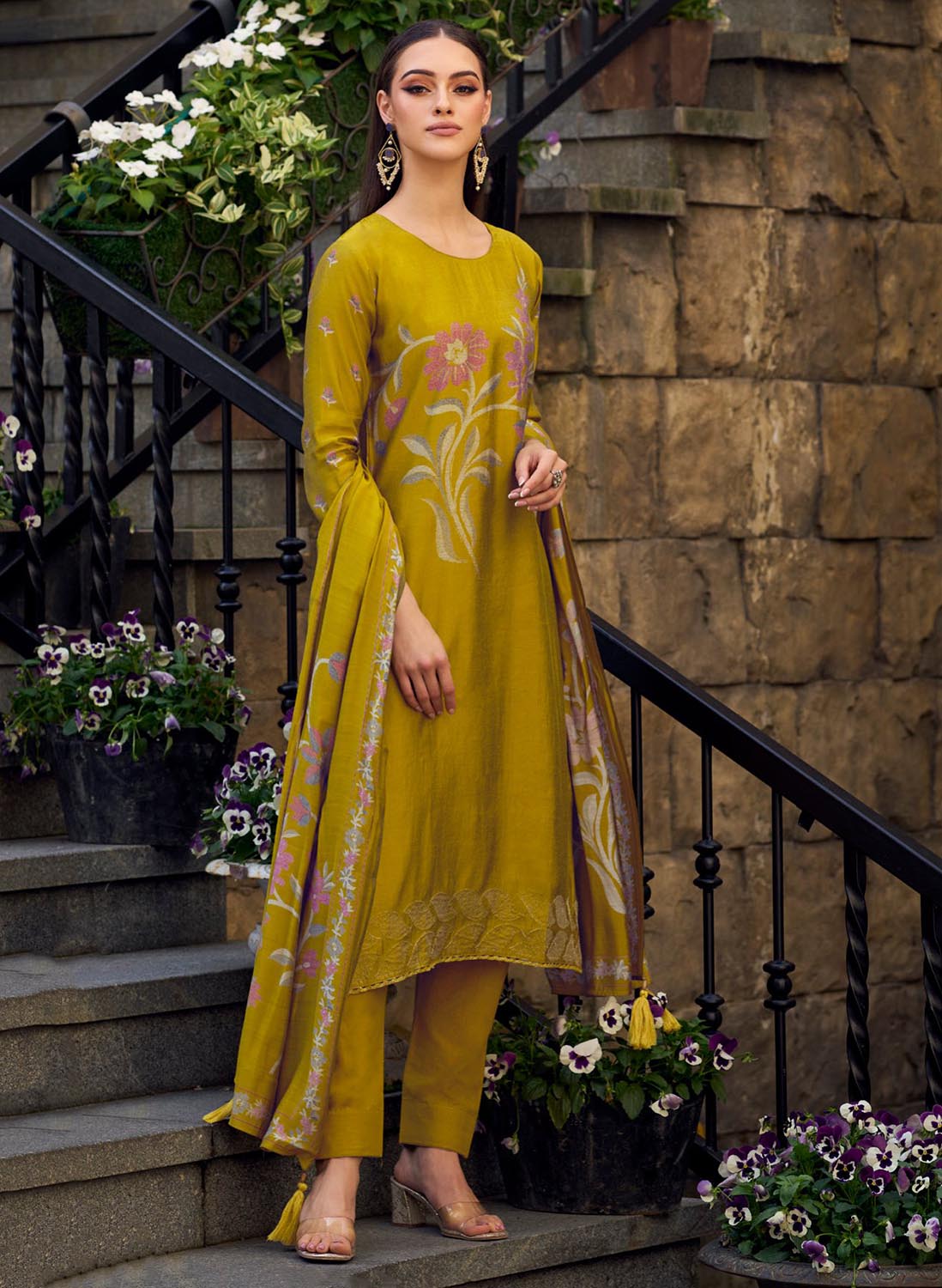 Party Wear Pure Viscose Muslin Unstitched Printed Suit Mustard Kilory Trends