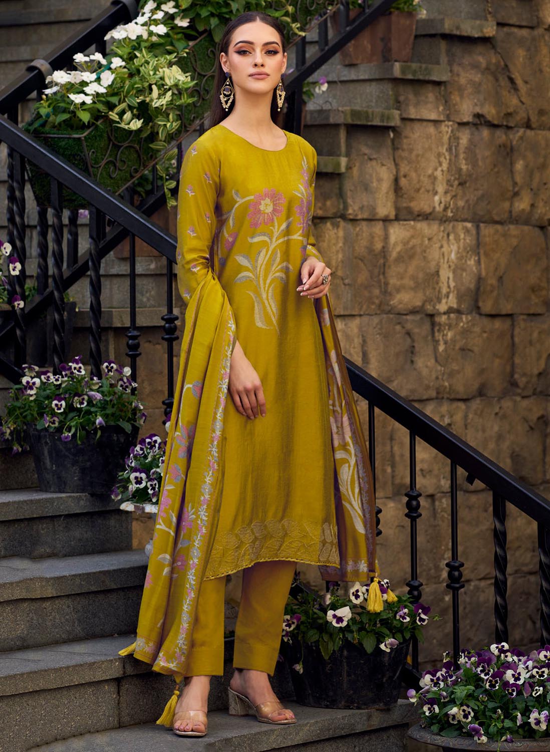 Party Wear Pure Viscose Muslin Unstitched Printed Suit Mustard