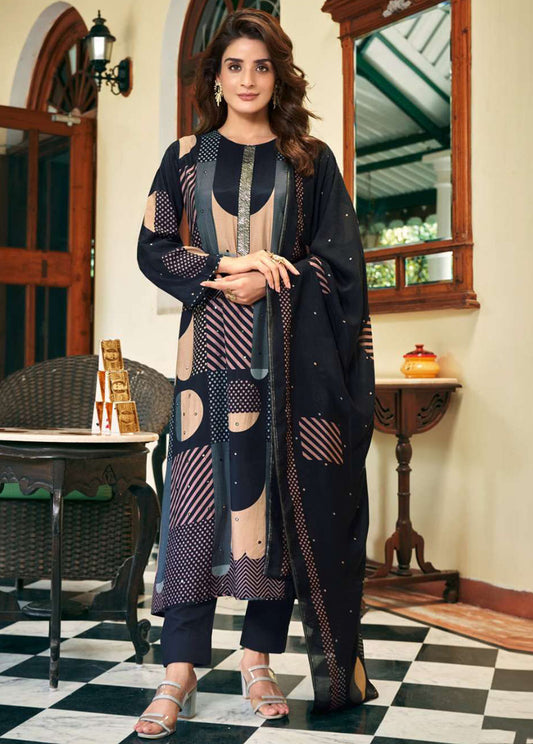 Party Wear Muslin Printed Unstitched Black Suit Material for Women