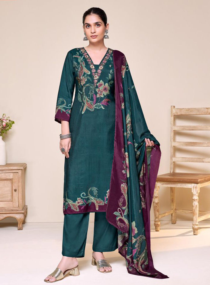 Green Party Wear Pure Muslin Unstitched Suit Set with Embroidery