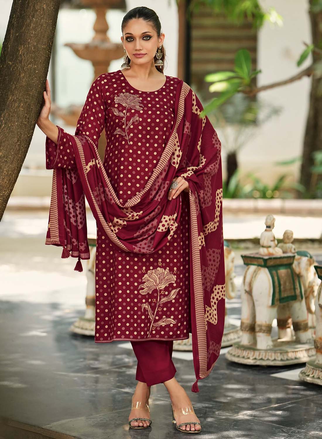 Unstitched Red Woolen Pashmina Winter Suit Material for Women