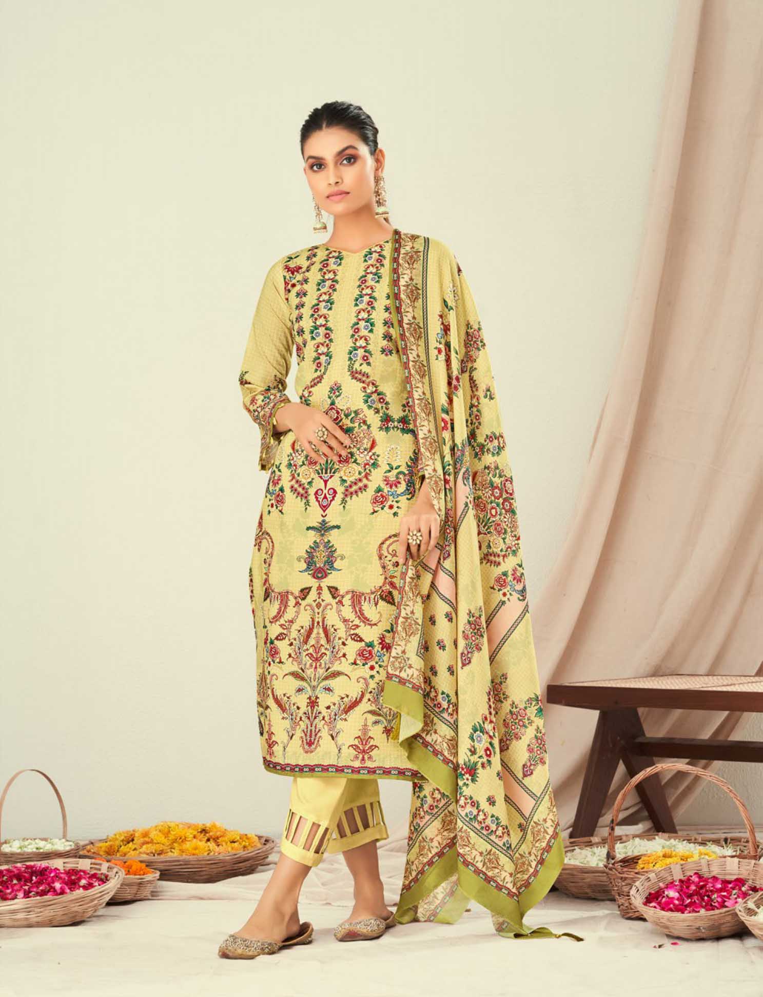 Kesar Lawn Cotton Unstitched Pakistani Print Suit Yellow Kesar