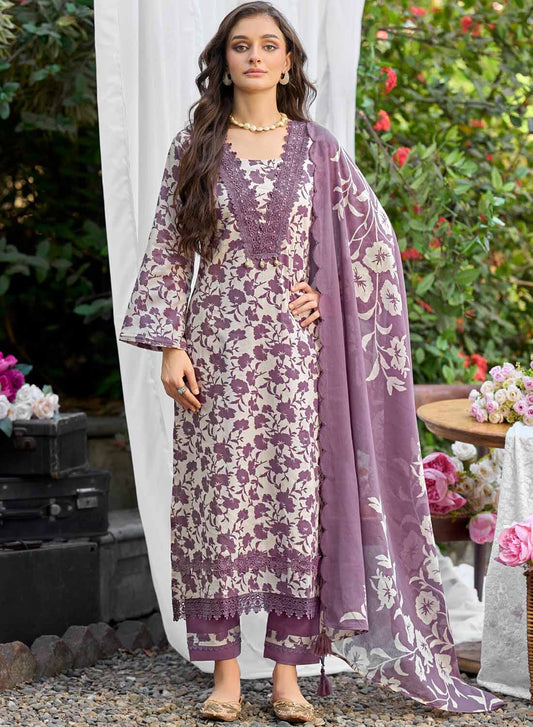 Purple Pure Lawn Cotton Unstitched Suit for Women with Embroidery