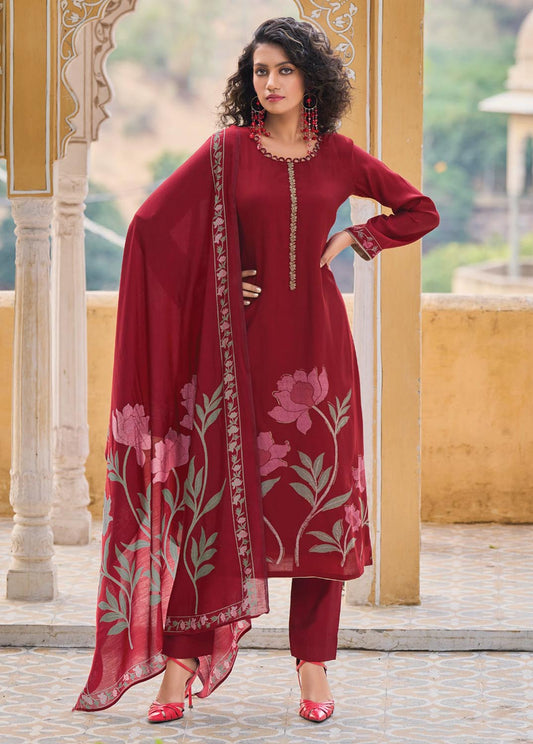 Pure Muslin Unstitched Red Printed Women Salwar Suit Dress Material