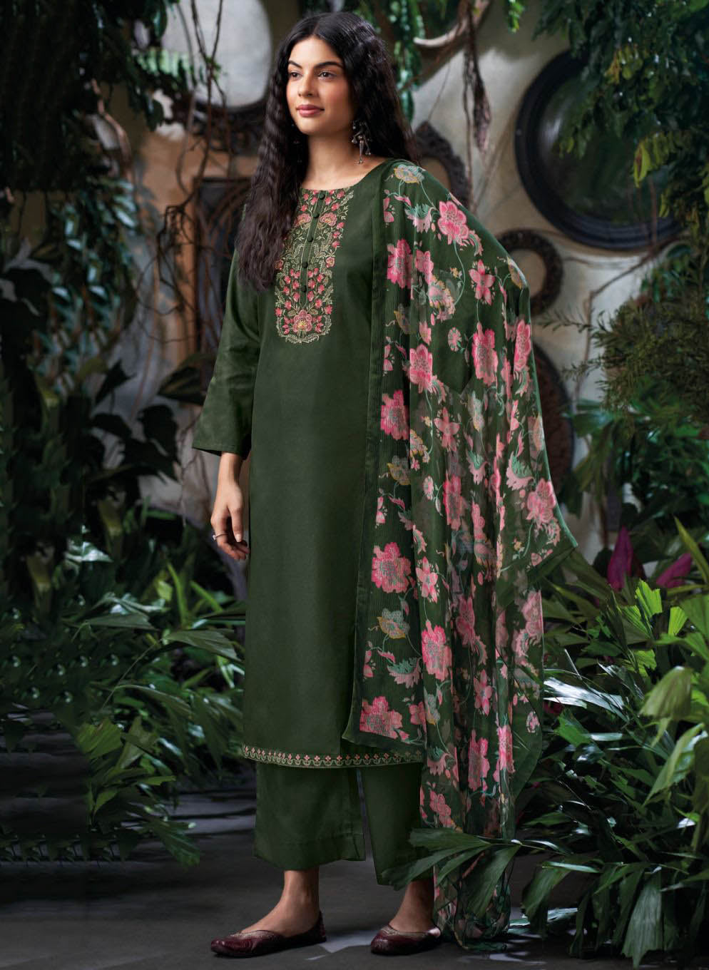Ganga Cotton Satin Green Unstitched Salwar Suit Material with Embroidery