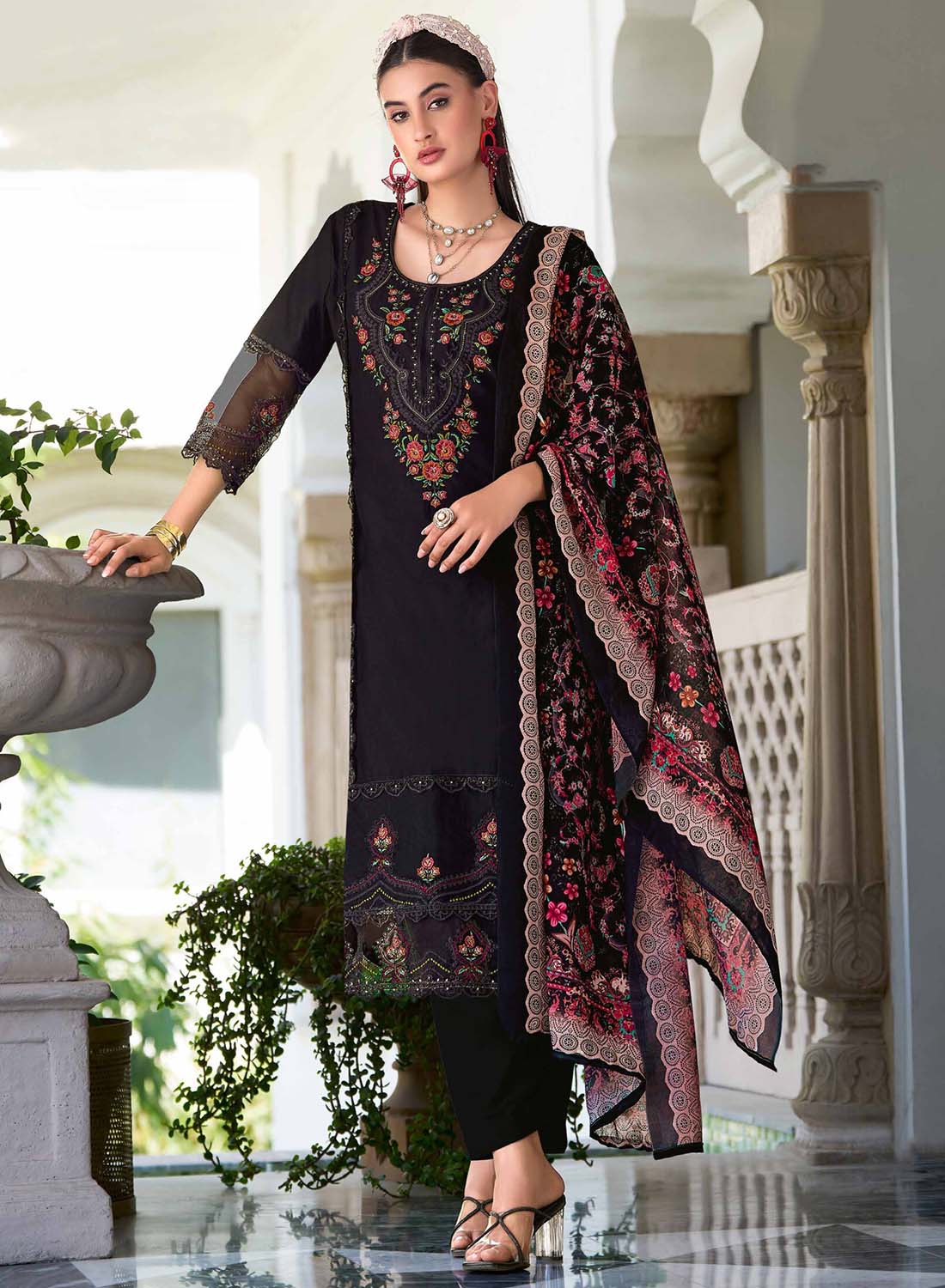 Black Unstitched Pakistani Cotton Suit Dress Material with Embroidery for Women