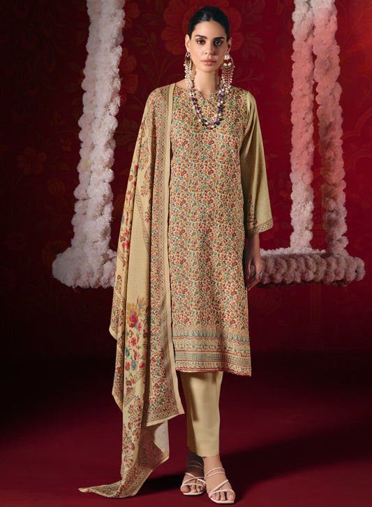 Beige Pashmina Unstitched Winter Salwar Suit Dress Material for Women