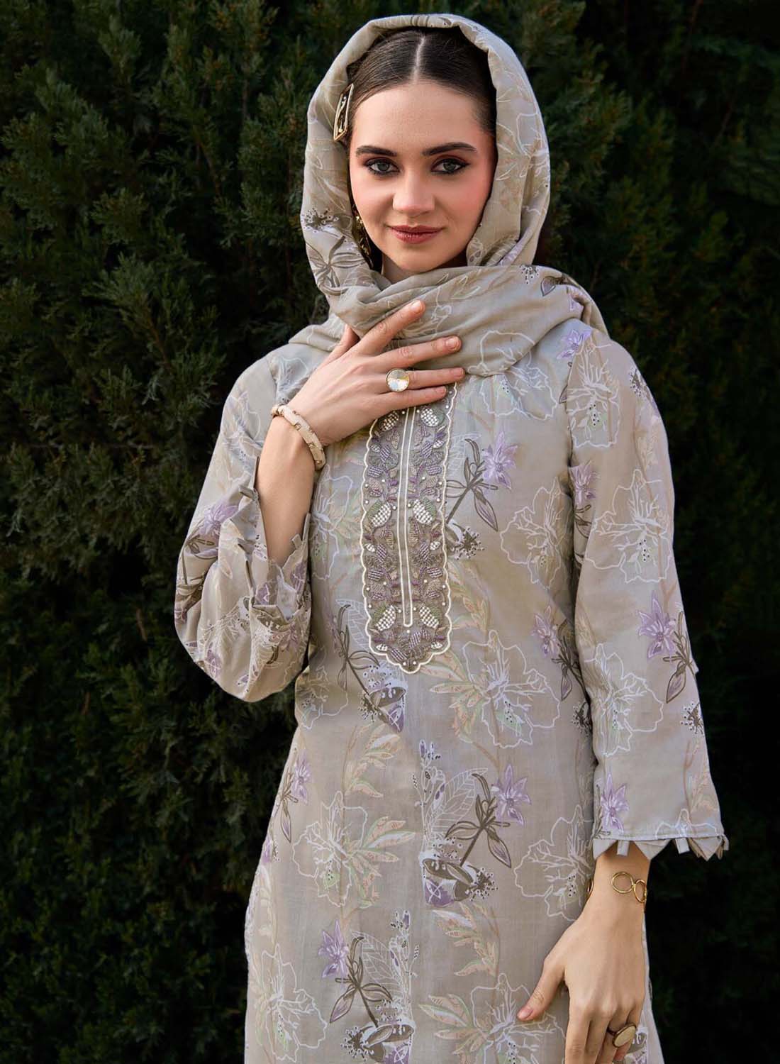 Grey Embroidered Unstitched Cotton Salwar Suit Dress Material for Women