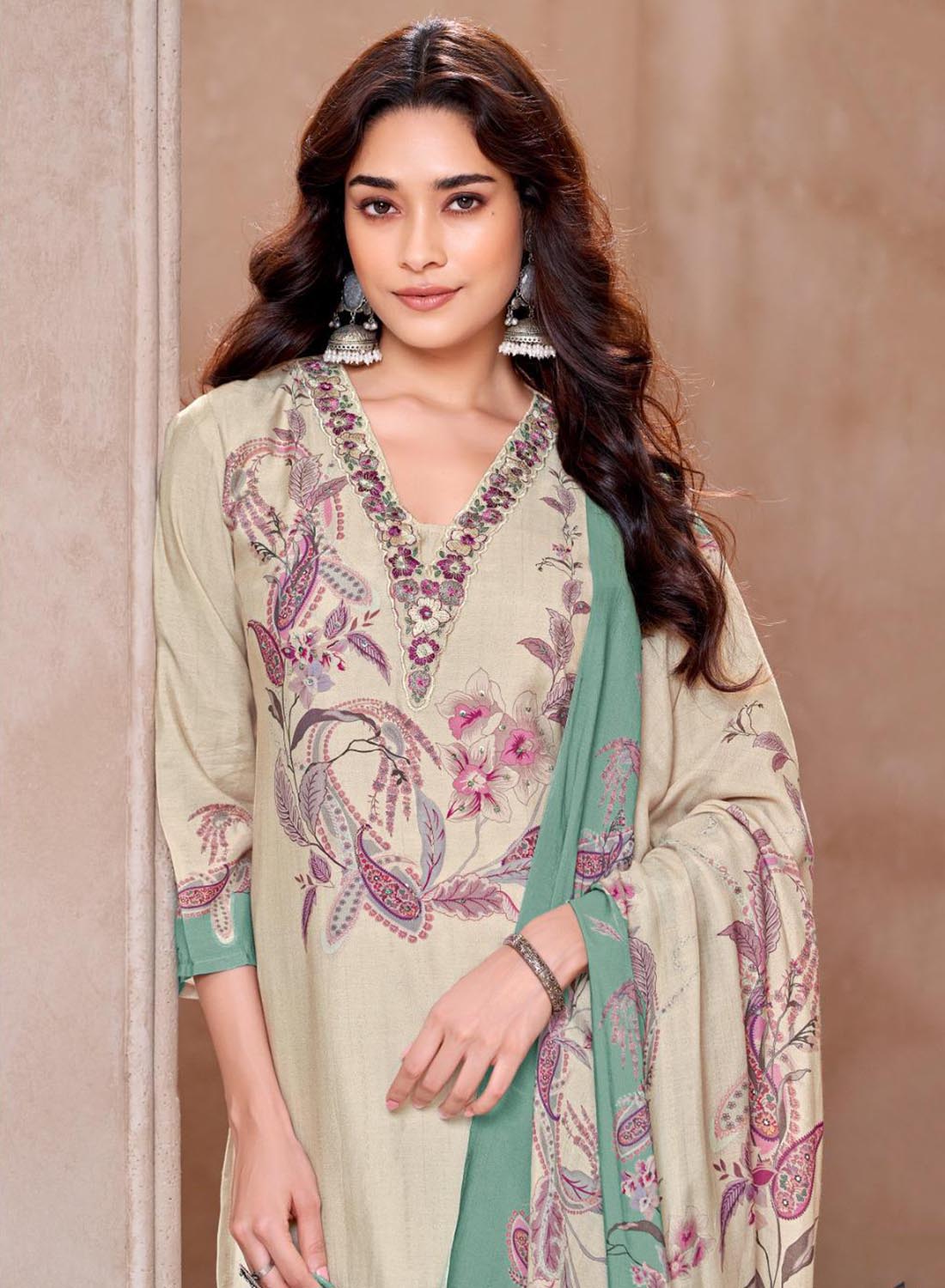 Party Wear Pure Viscose Muslin Unstitched Suit Set with Embroidery