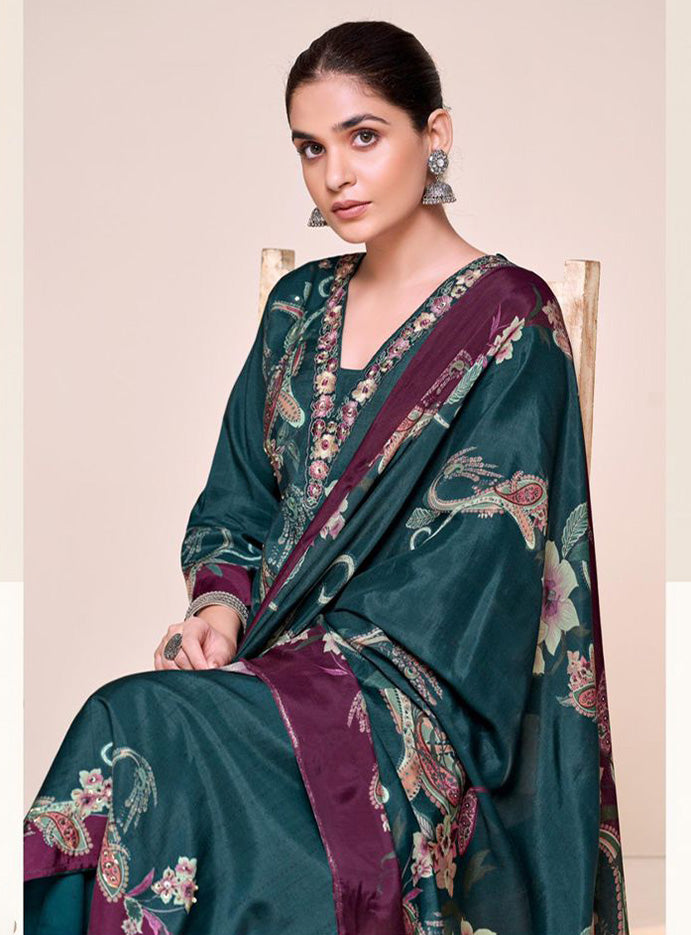 Green Party Wear Pure Muslin Unstitched Suit Set with Embroidery