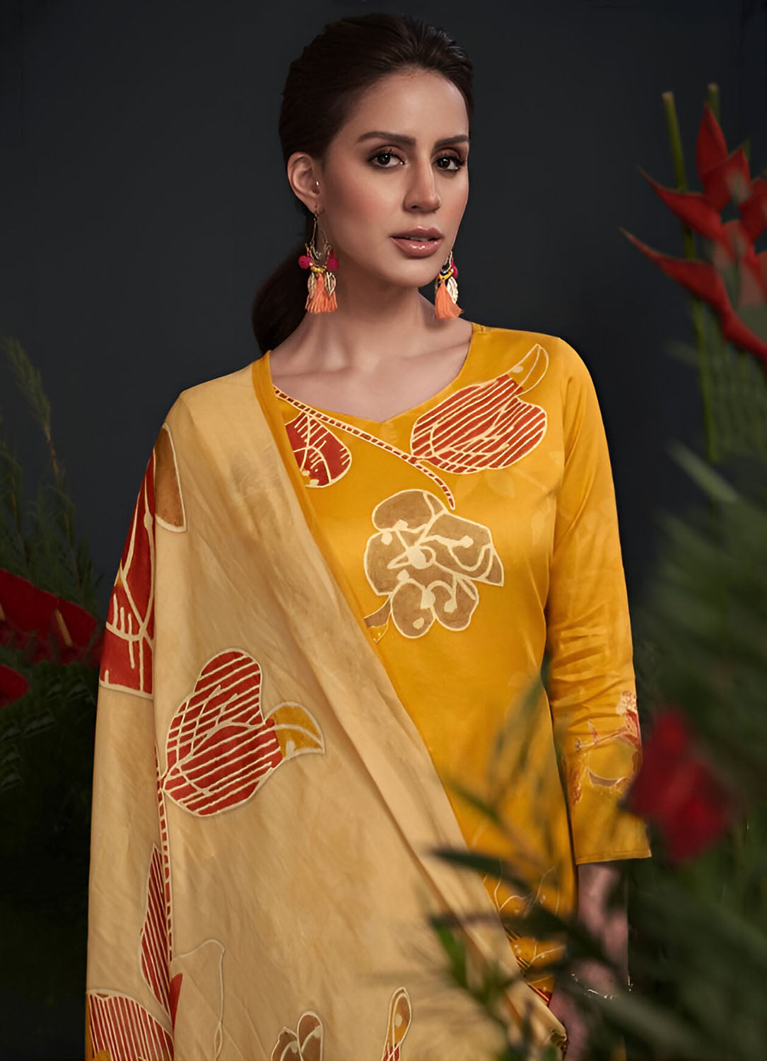Yellow Cotton Silk Unstitched Suit Material with Dupatta for Women Karachi Prints