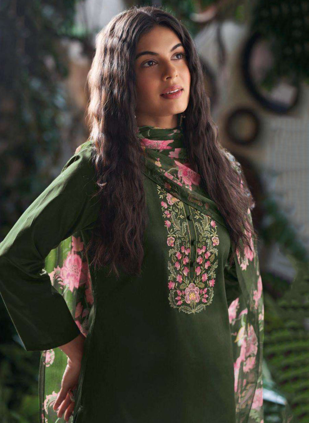 Ganga Cotton Satin Green Unstitched Salwar Suit Material with Embroidery