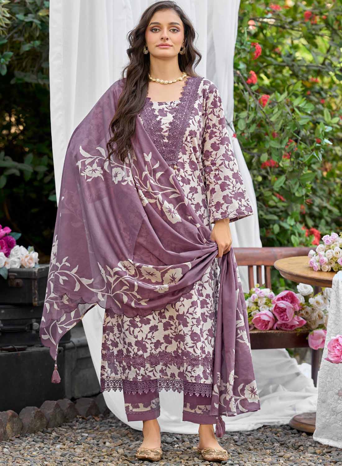 Purple Pure Lawn Cotton Unstitched Suit for Women with Embroidery