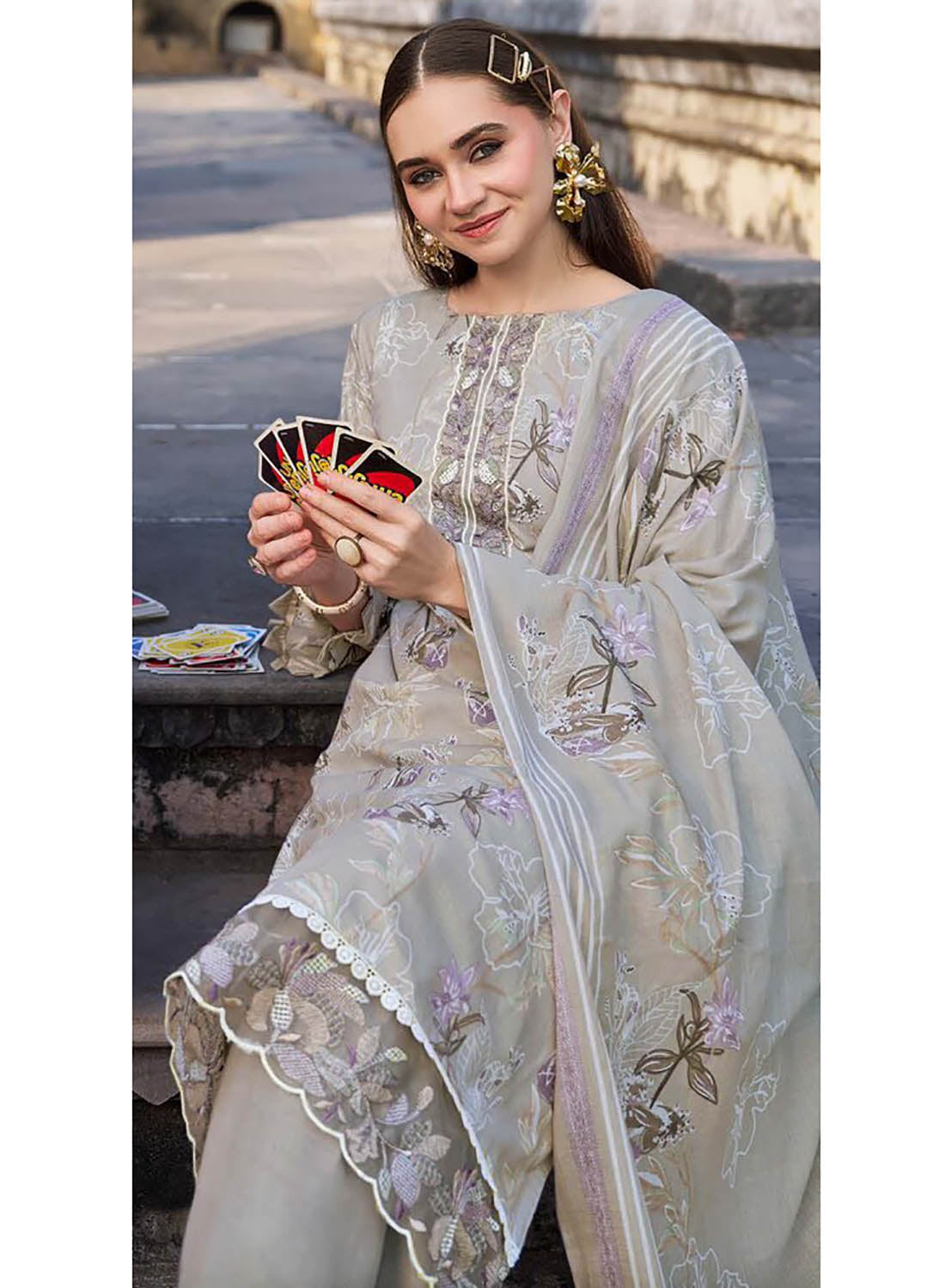 Grey Embroidered Unstitched Cotton Salwar Suit Dress Material for Women
