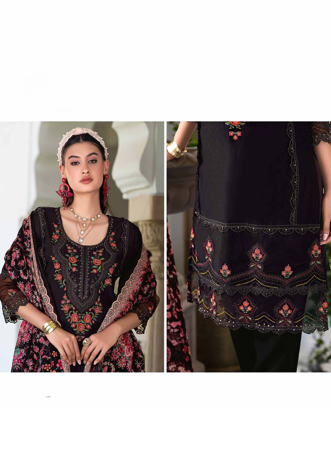 Black Unstitched Pakistani Cotton Suit Dress Material with Embroidery for Women