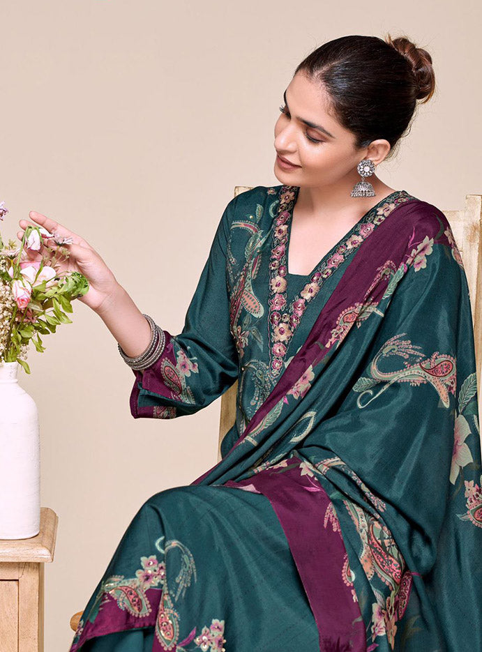 Green Party Wear Pure Muslin Unstitched Suit Set with Embroidery