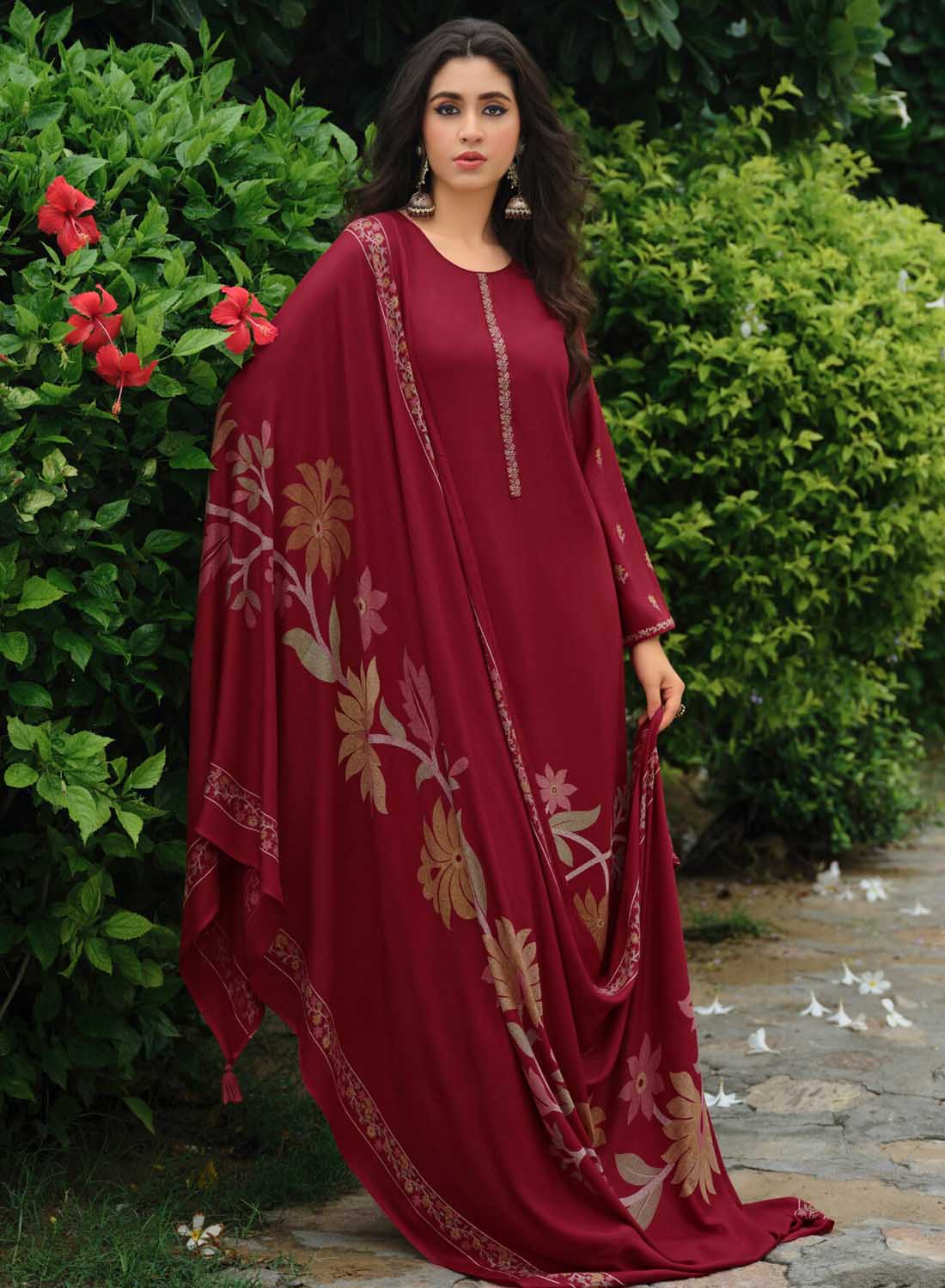 Party Wear Maroon Unstitched Winter Suit Material for Women