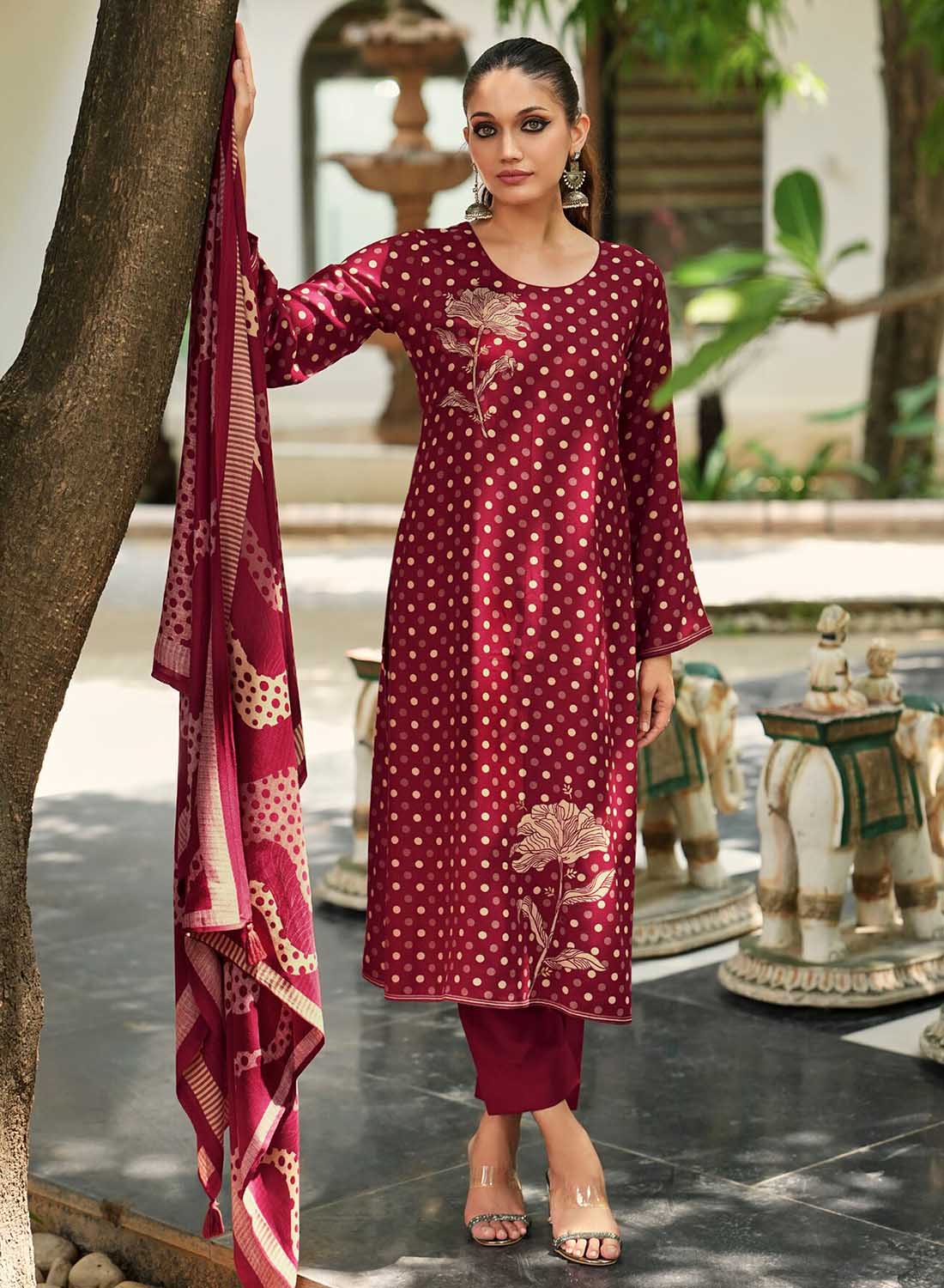 Unstitched Red Woolen Pashmina Winter Suit Material for Women