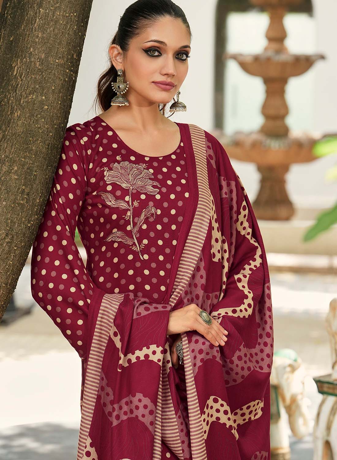 Unstitched Red Woolen Pashmina Winter Suit Material for Women