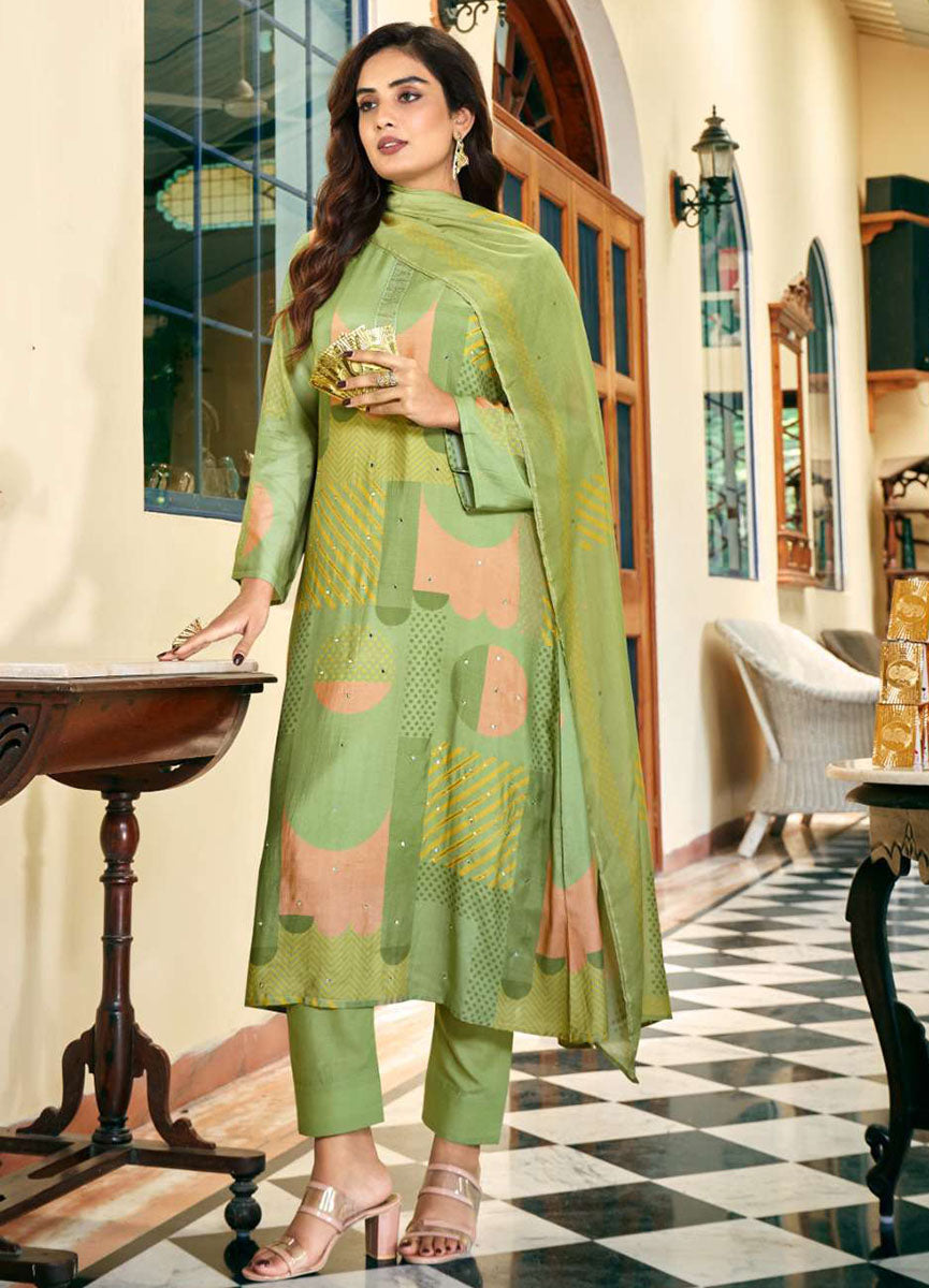 Party Wear Muslin Green Printed Unstitched Suit Material for Women Rupali