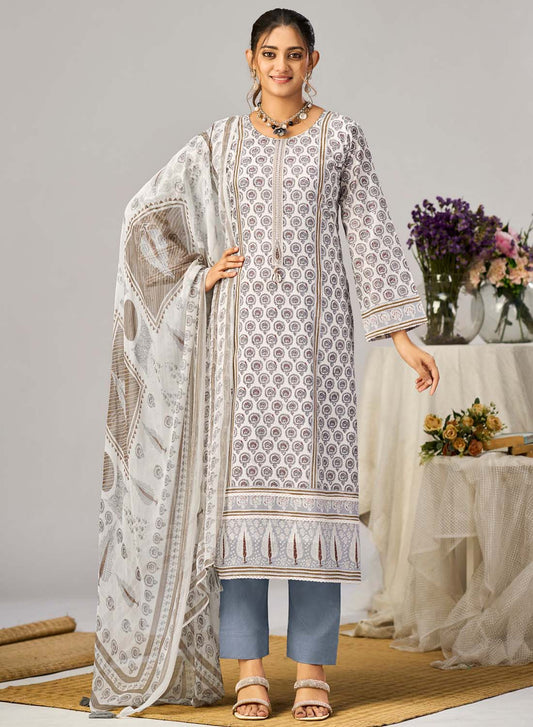 Off-White Pure Cotton Unstitched Suit Material with Dupatta for Women