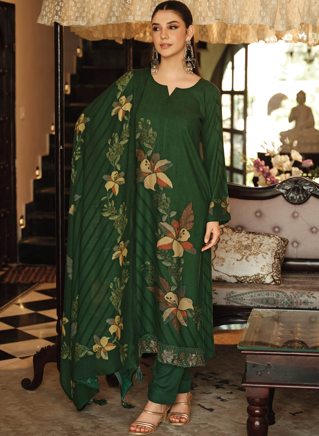 Fancy Green Pashmina Unstitched Winter Salwar Suit Set Material for Women