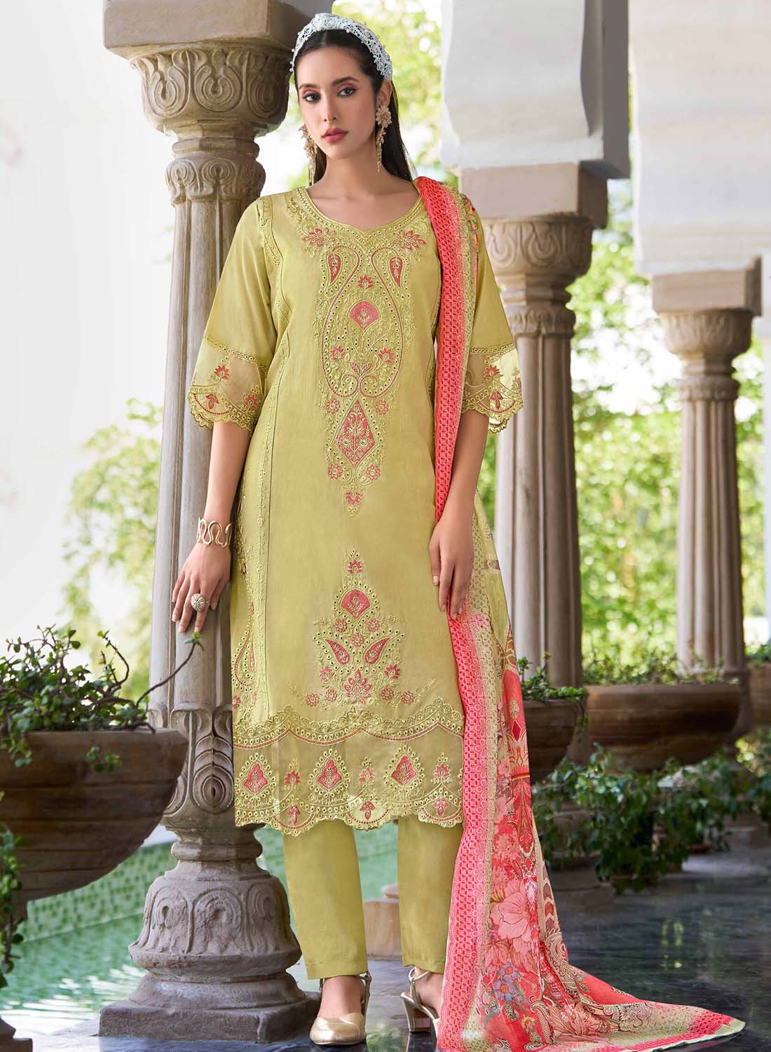 Green Unstitched Cotton Pakistani Suit Material with Embroidery for Women